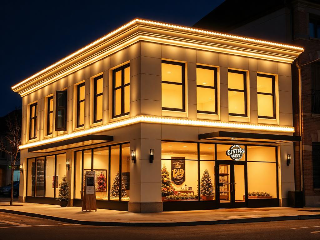 Commercial building at night outlined in warm professional lighting