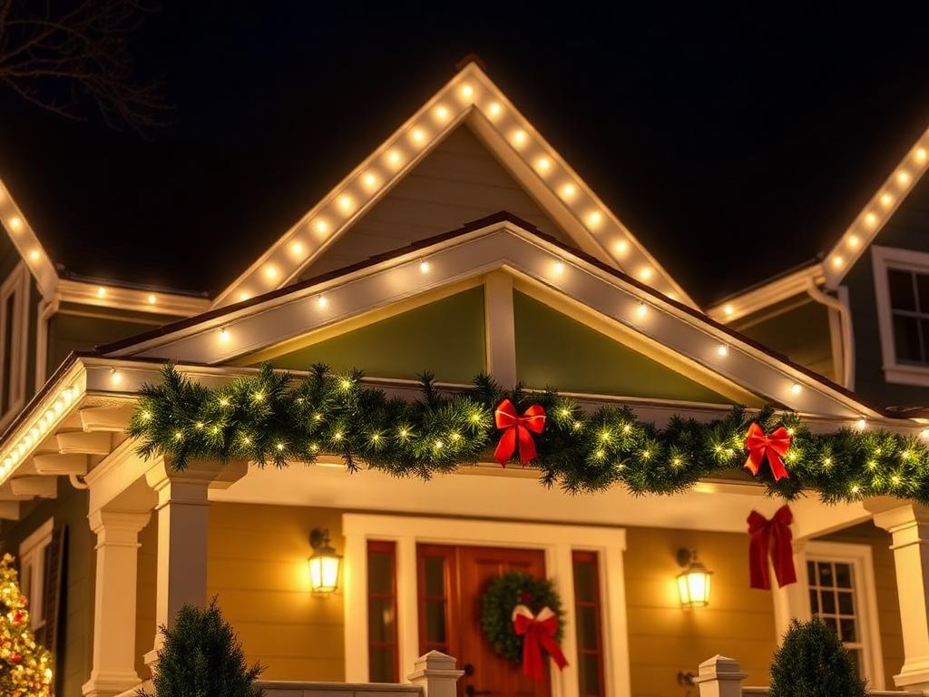 Craftsman home porch with C9 roofline lights, garland and red bows