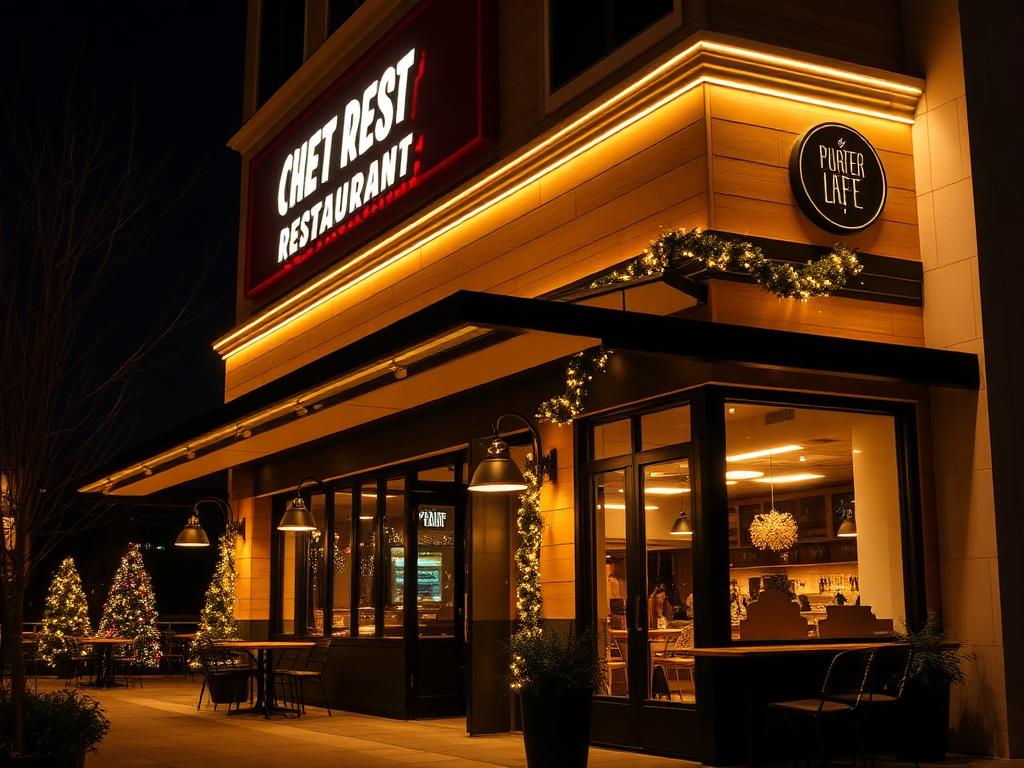 Restaurant exterior with warm permanent trim lighting and holiday garland