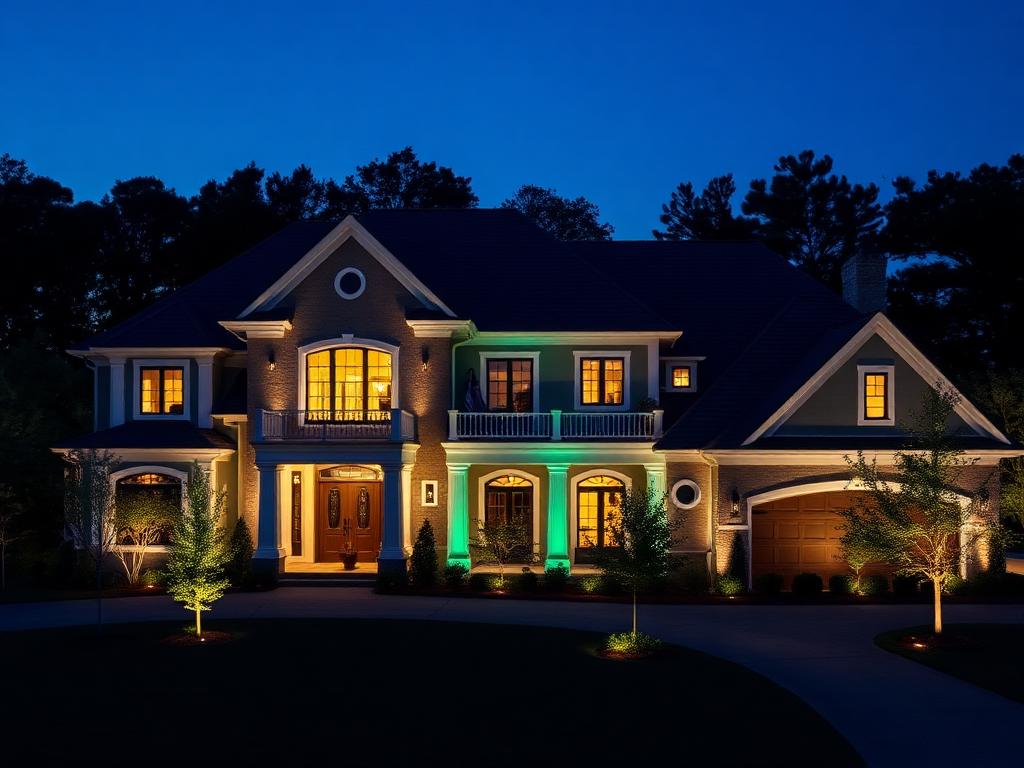 Luxury home with color-changing permanent roofline lighting at blue hour
