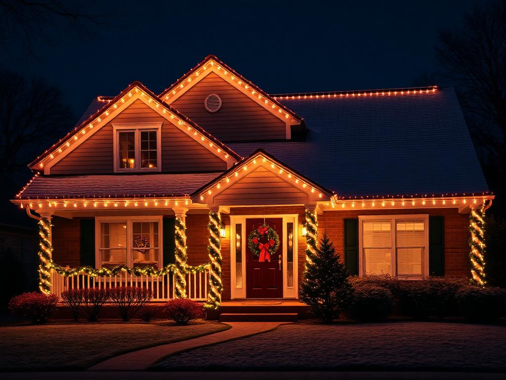 Family home at night with warm Christmas lights and a wreath on the door